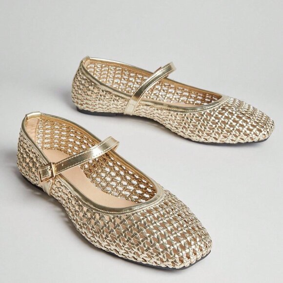 Gold Elegant Womens Woven Pu Square Toe Comfortable Mary Jane Ballet Flats - Picture 6 of 7